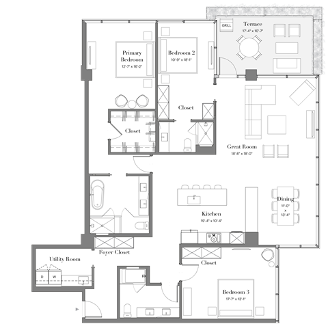 Floor plan for 3 beds, 3 baths, 2123 sqft